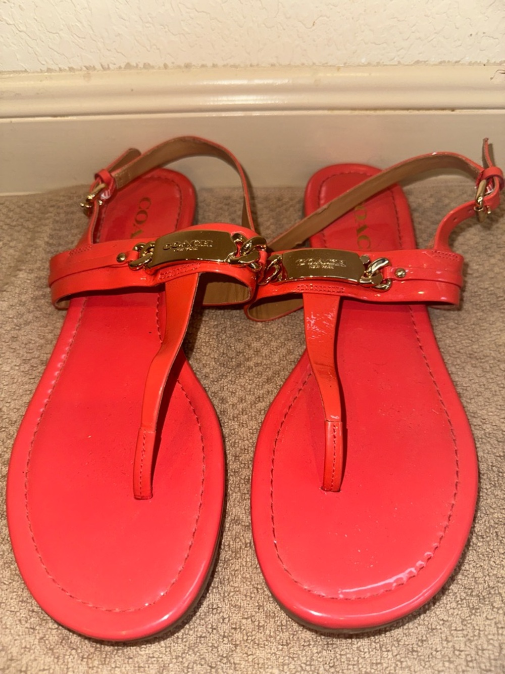 Coach Bright Coral Patent Leather T-Strap Sandals with Gold Hardware